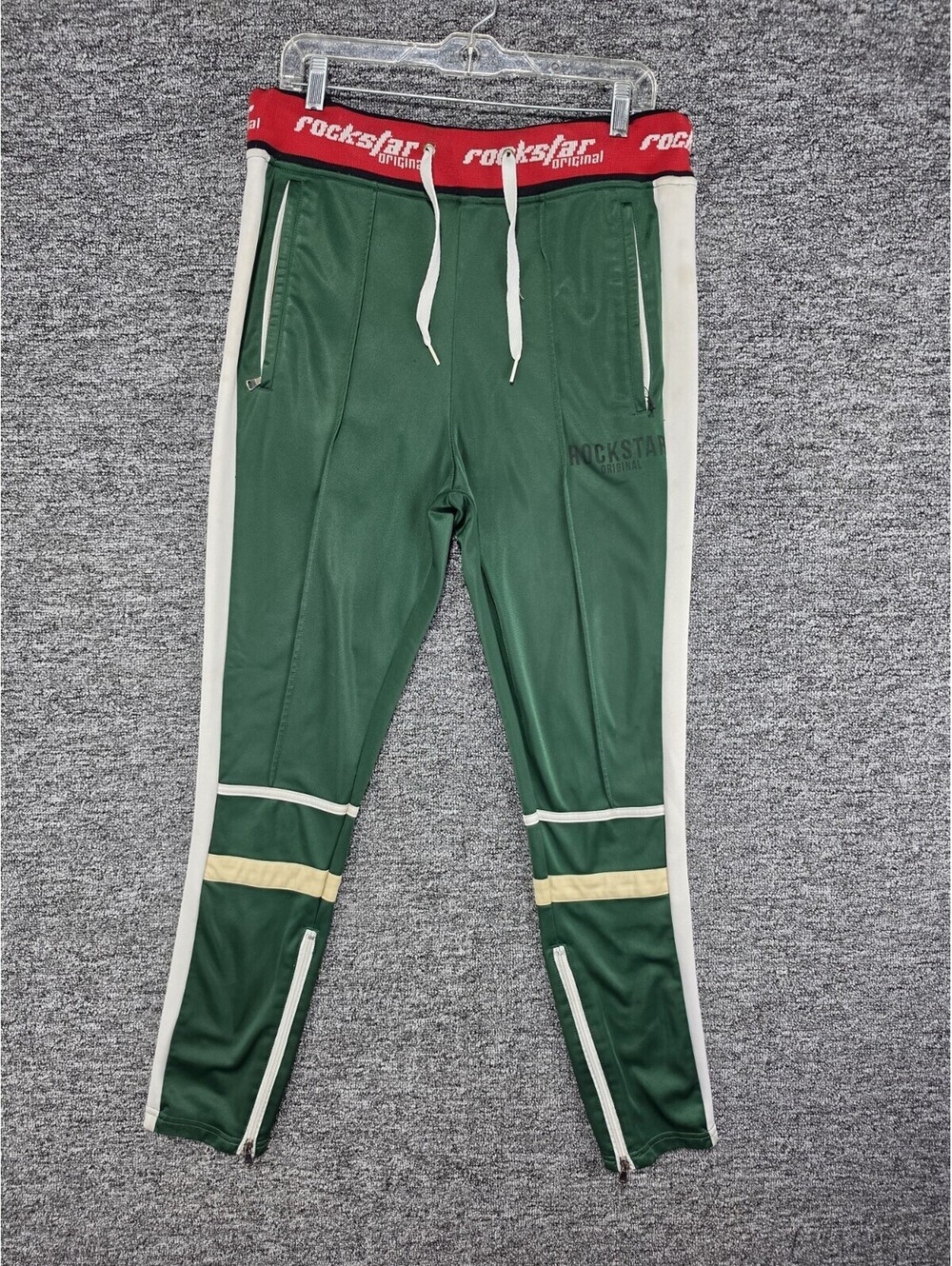 ROCKSTAR Original Men's Track Pants L Green/White/Red Colorblock Zip Pockets